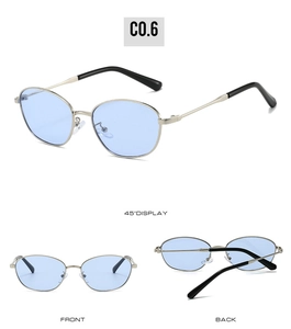 Detailed views of gold metal cat-eye sunglasses with light blue lenses and black tips