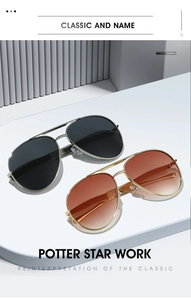 Detail of silver and gold double-bridge pilot sunglasses with premium metal frames