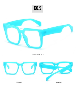 Three-angle display of bright blue oversized square sunglasses showing front and back views