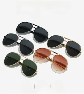 Detail view of five classic aviator sunglasses in multiple frame and lens color options