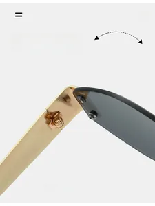 Detail of durable gold metal hinges and screw structure on rimless sunglasses