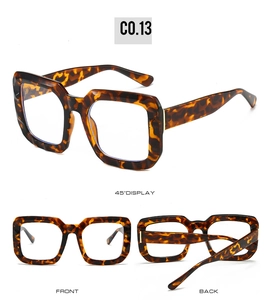 Three views of tortoiseshell square glasses frame with metal accents and clear lenses