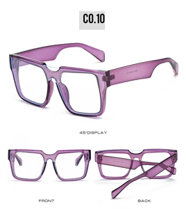 Three-angle view of purple translucent square sunglasses with retro wide temples