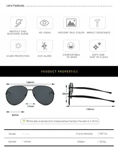 Detailed technical drawing of pilot sunglasses showing frame dimensions and specifications