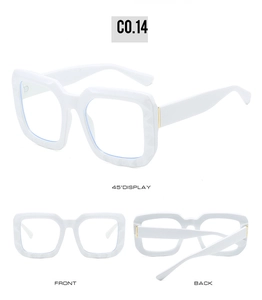 Detailed views of white square frame glasses with marble texture and metal hinges