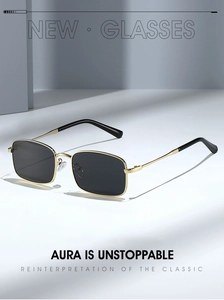 Detail of sleek gold metal frame sunglasses with rectangular black polarized lenses