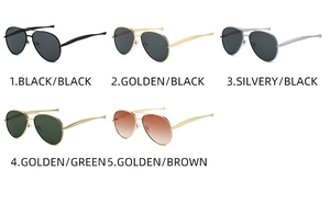 Five pairs of classic metal aviator sunglasses in various colors on a white background