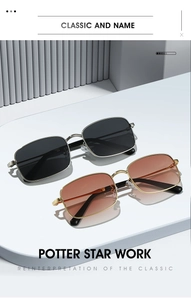 Close-up of square metal frame sunglasses with polarized lenses on geometric background