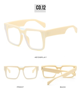 Three-view display of square cream sunglasses showing 45-degree, front and back angles