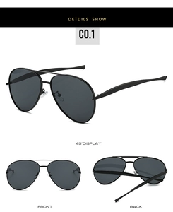 Detailed multi-angle views of black aviator sunglasses with metal double bridge frame