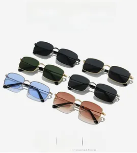 Macro shot of stylish metal rectangle sunglasses with colorful lenses in a group display