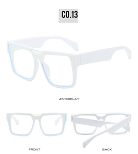 Three-way view of white oversized square sunglasses frame with blue-light coating