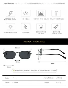 Detailed size guide and specifications chart for metal frame unisex polarized sunglasses