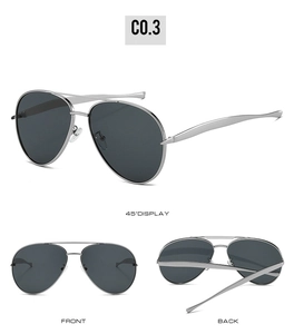 Three views of silver aviator sunglasses featuring a metallic double bridge and grey lenses
