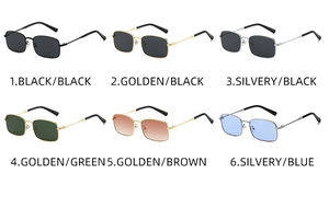 Six assorted metal frame square sunglasses in various lens colors on a white background