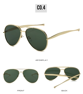 Detailed views of vintage aviator sunglasses with gold metal frame and dark green lenses
