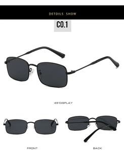 Detailed views of grey rectangular lenses and slim black metal frame sunglasses