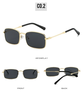 Three-view display of vintage gold metal square sunglasses with dark lenses