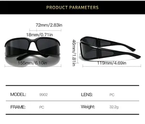 Größentabelle für Y2K polarisierte Sportsonnenbrille mit Maßen und PC-Material-Infos