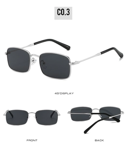 Three-angle display of square silver metal sunglasses with dark lenses and 45-degree view