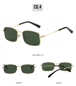 Three views of retro rectangle sunglasses with gold metal frame and polarized green lenses