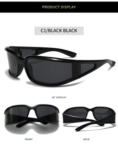 Mehrwinkelansicht der schwarzen polarisierten Y2K Sportsonnenbrille mit Wrap-Design
