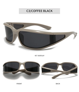 Drei-Wege-Ansicht der kaffeeschwarzen Y2K-Polarisations-Sonnenbrille mit Front- und Rückansicht