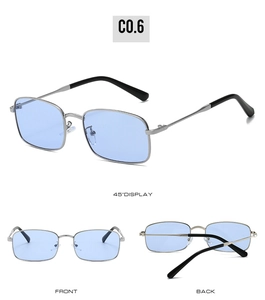 Three-angle view of silver metal square sunglasses with light blue transparent lenses