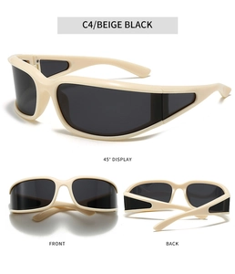 Mehrere Ansichten der beigen Y2K-Sportsonnenbrille mit schwarzen polarisierten Gläsern