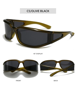 Detailansichten der olivgrünen Y2K-Sportsonnenbrille aus verschiedenen Blickwinkeln
