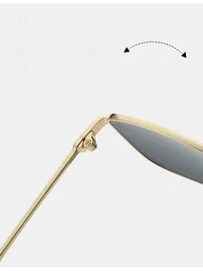 Detail of durable textured metal hinge on gold frame sunglasses for smooth folding
