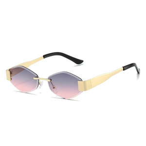 Frameless rimless sunglasses with gradient purple lenses and gold metal temples