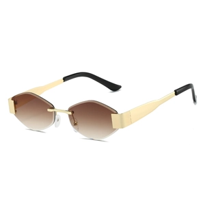 Frameless geometric sunglasses with gold metal frame and gradient brown lenses