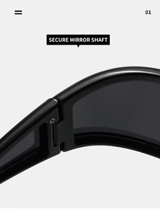 Detail der sicheren Scharnierachse mit Metallverstärkung an der schwarzen Y2K-Sonnenbrille