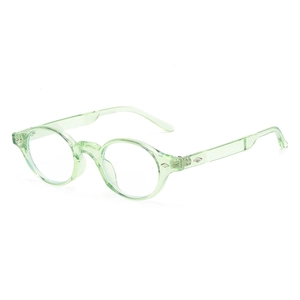 Hellgrüne transparente Retro-Rundbrille mit silbernen Nieten und glatten Bügeln