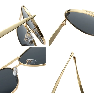 Classic aviator sunglasses with gold metal frame and dark grey lenses in four detail views