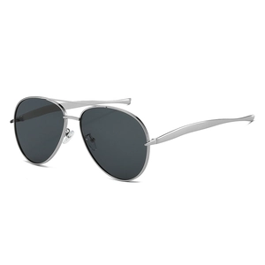 Classic silver metal aviator sunglasses with dual-bridge and dark lenses at a 45-degree angle