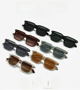 Multiple colors of square sunglasses displayed on a white background with neat alignment