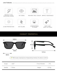 Detailed size specifications and dimensions guide for square unisex PC frame sunglasses