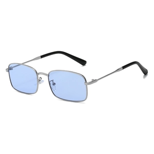 Silver metal rectangular sunglasses with light blue translucent lenses and black ear socks