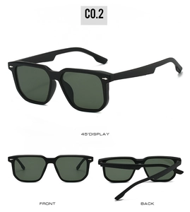 Detail view of rectangular sunglasses showing 45-degree, front, and back folded angles
