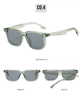 Detailed views of square sage green sunglasses with dark grey lenses and faceted temples