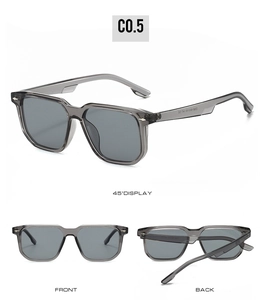 Close-up detail of gray square sunglasses showing metal accents and specifications