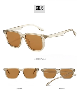 Multi-angle view of square tea-colored sunglasses showing front, back, and 45-degree profiles