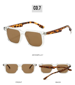 Detailed views of square tea-tinted sunglasses with stylish tortoise shell temples