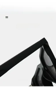 Detail of black glossy square sunglasses featuring durable hinges and elastic texture