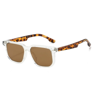 Square sunglasses with brown lenses and leopard print temples at a 45-degree angle
