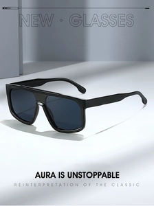 Close-up of modern black flat top rectangle sunglasses on a minimalist geometric background