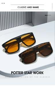 Detail of flat top sunglasses in black and tortoise shell on a minimalist white stand
