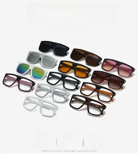 Matrix layout of oversized square sunglasses in various colors and reflective lens options